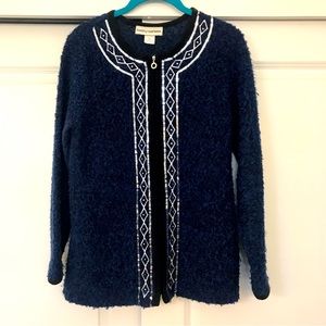 Cathy Daniels Blue/black Sequined Zip up Front Cardigan sweater jacket S pockets
